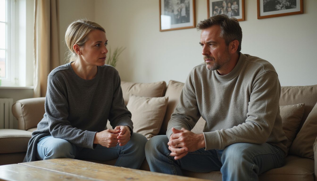 A couple engaged in a tense argument in a modest living room. A couple engaged in a tense argument in a modest living room.